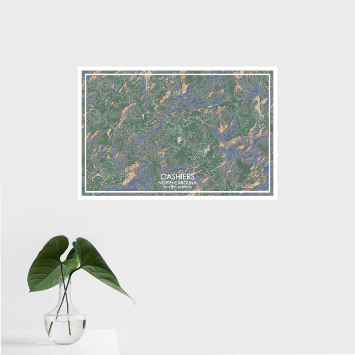 16x24 Cashiers North Carolina Map Print Landscape Orientation in Afternoon Style With Tropical Plant Leaves in Water