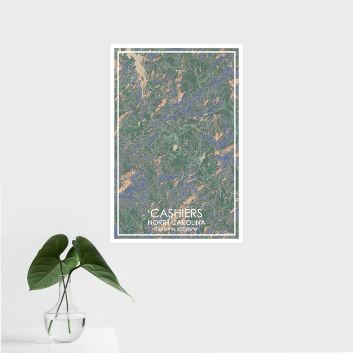 16x24 Cashiers North Carolina Map Print Portrait Orientation in Afternoon Style With Tropical Plant Leaves in Water