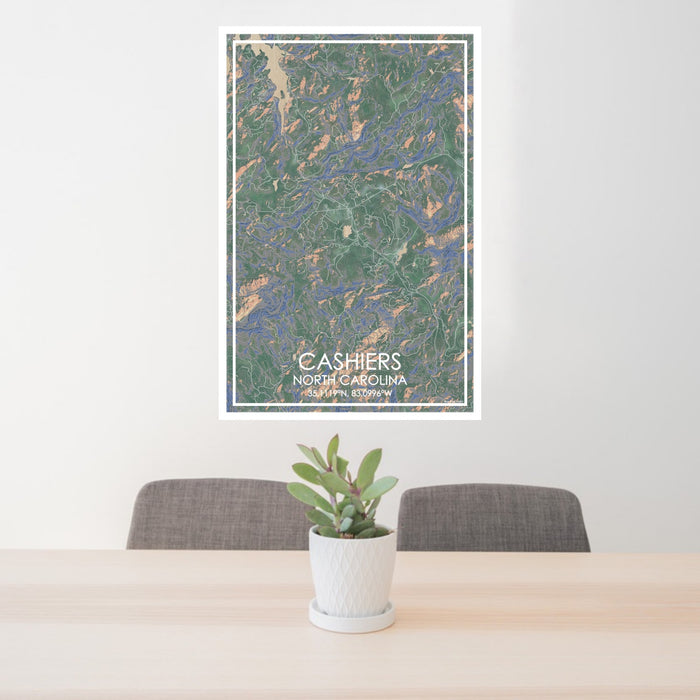 24x36 Cashiers North Carolina Map Print Portrait Orientation in Afternoon Style Behind 2 Chairs Table and Potted Plant