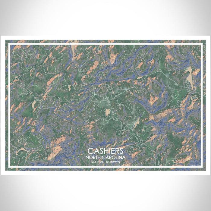 Cashiers North Carolina Map Print Landscape Orientation in Afternoon Style With Shaded Background