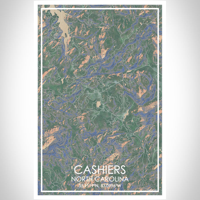 Cashiers North Carolina Map Print Portrait Orientation in Afternoon Style With Shaded Background