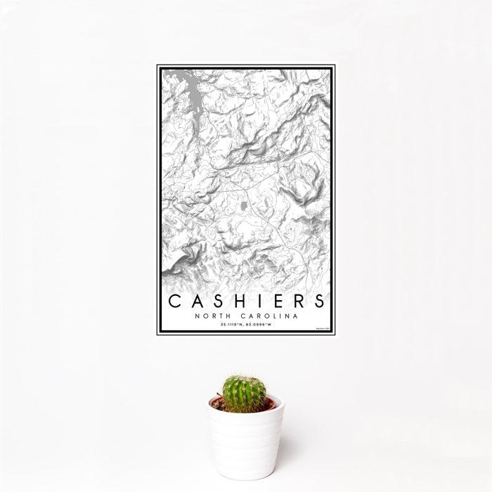 12x18 Cashiers North Carolina Map Print Portrait Orientation in Classic Style With Small Cactus Plant in White Planter