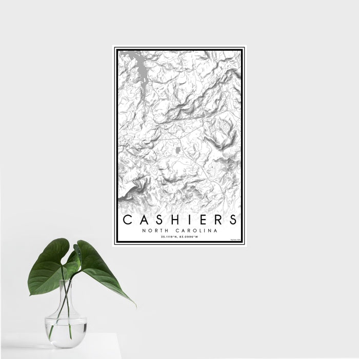 16x24 Cashiers North Carolina Map Print Portrait Orientation in Classic Style With Tropical Plant Leaves in Water