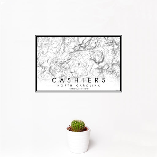 12x18 Cashiers North Carolina Map Print Landscape Orientation in Classic Style With Small Cactus Plant in White Planter
