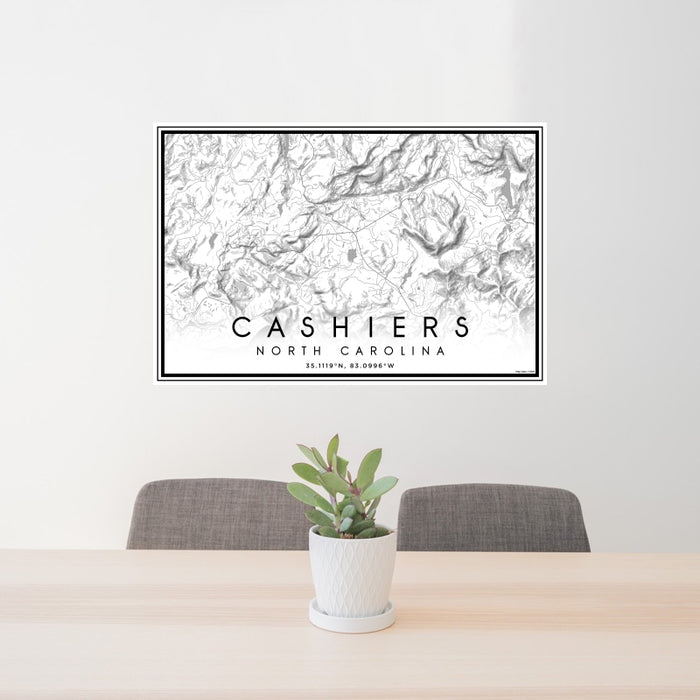 24x36 Cashiers North Carolina Map Print Landscape Orientation in Classic Style Behind 2 Chairs Table and Potted Plant