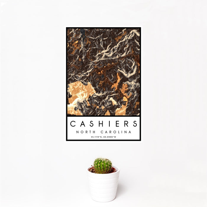 12x18 Cashiers North Carolina Map Print Portrait Orientation in Ember Style With Small Cactus Plant in White Planter