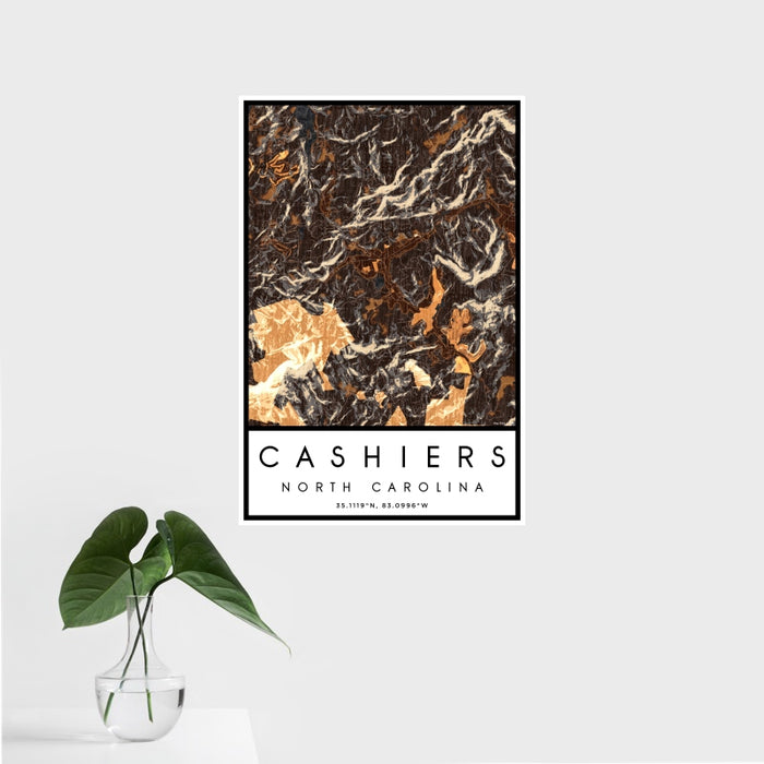 16x24 Cashiers North Carolina Map Print Portrait Orientation in Ember Style With Tropical Plant Leaves in Water