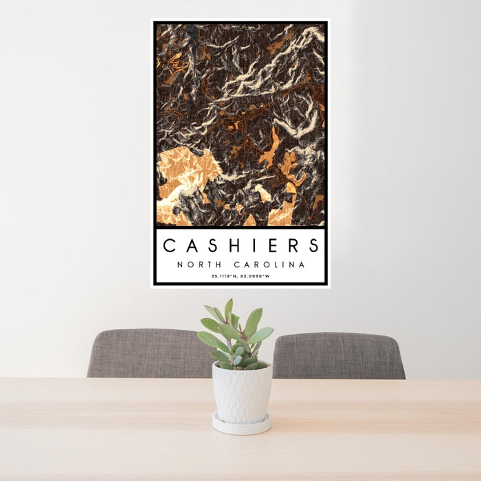 24x36 Cashiers North Carolina Map Print Portrait Orientation in Ember Style Behind 2 Chairs Table and Potted Plant