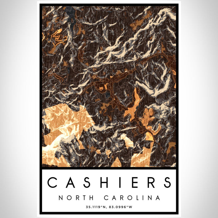 Cashiers North Carolina Map Print Portrait Orientation in Ember Style With Shaded Background