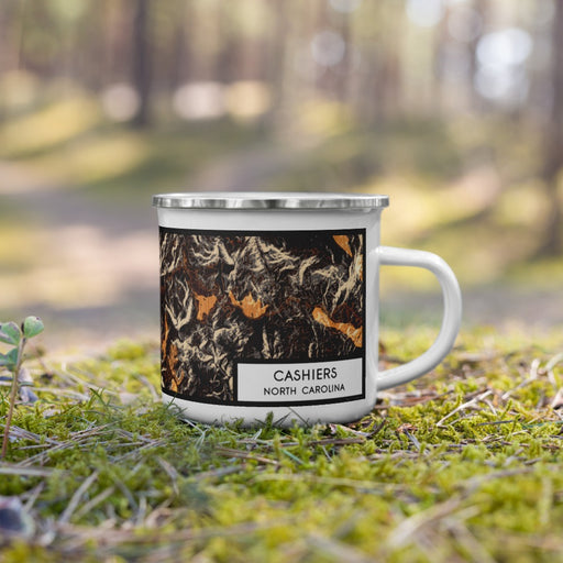 Right View Custom Cashiers North Carolina Map Enamel Mug in Ember on Grass With Trees in Background
