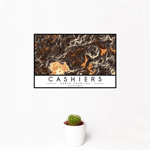 12x18 Cashiers North Carolina Map Print Landscape Orientation in Ember Style With Small Cactus Plant in White Planter