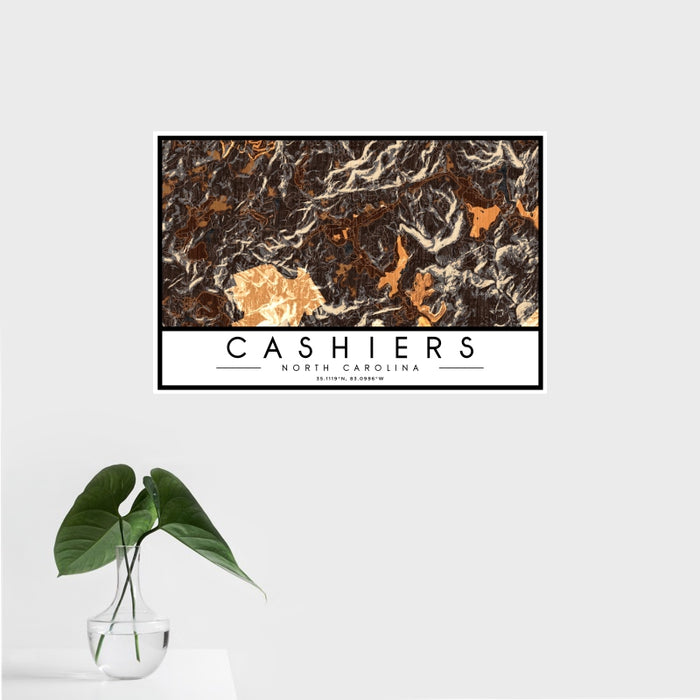 16x24 Cashiers North Carolina Map Print Landscape Orientation in Ember Style With Tropical Plant Leaves in Water