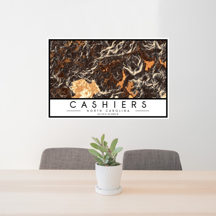 24x36 Cashiers North Carolina Map Print Landscape Orientation in Ember Style Behind 2 Chairs Table and Potted Plant