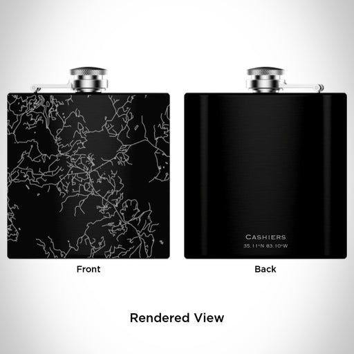 Rendered View of Cashiers North Carolina Map Engraving on 6oz Stainless Steel Flask in Black