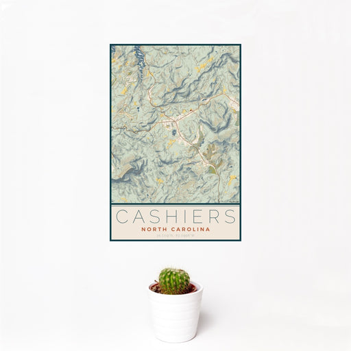 12x18 Cashiers North Carolina Map Print Portrait Orientation in Woodblock Style With Small Cactus Plant in White Planter