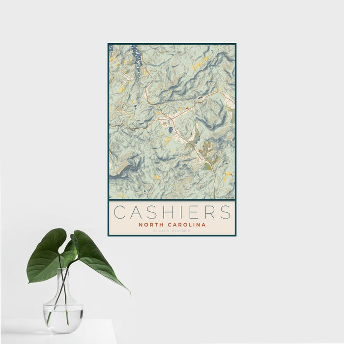 16x24 Cashiers North Carolina Map Print Portrait Orientation in Woodblock Style With Tropical Plant Leaves in Water