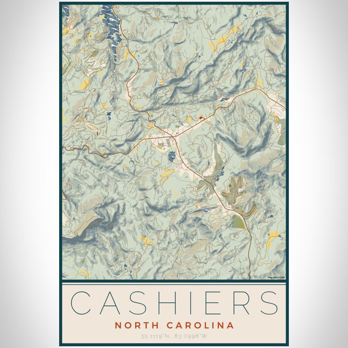 Cashiers North Carolina Map Print Portrait Orientation in Woodblock Style With Shaded Background