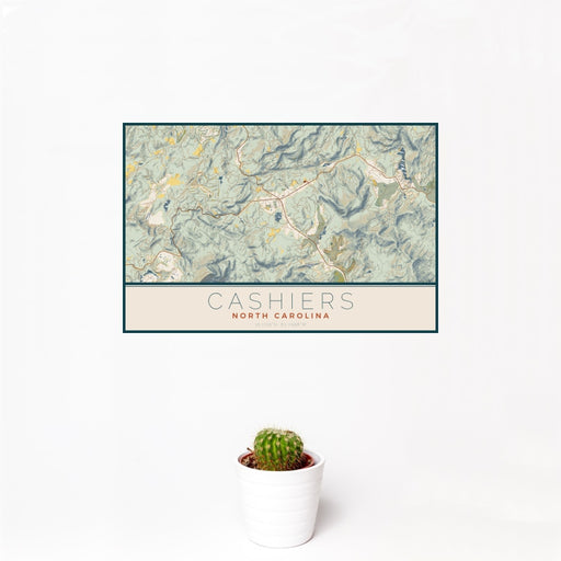 12x18 Cashiers North Carolina Map Print Landscape Orientation in Woodblock Style With Small Cactus Plant in White Planter