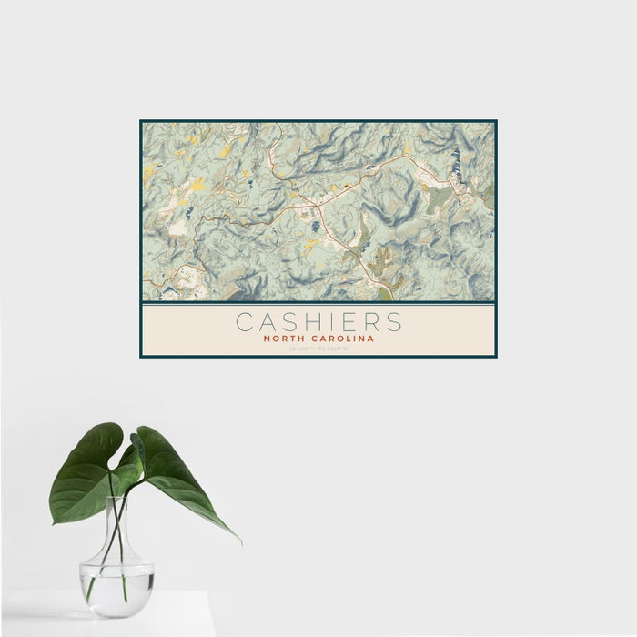 16x24 Cashiers North Carolina Map Print Landscape Orientation in Woodblock Style With Tropical Plant Leaves in Water