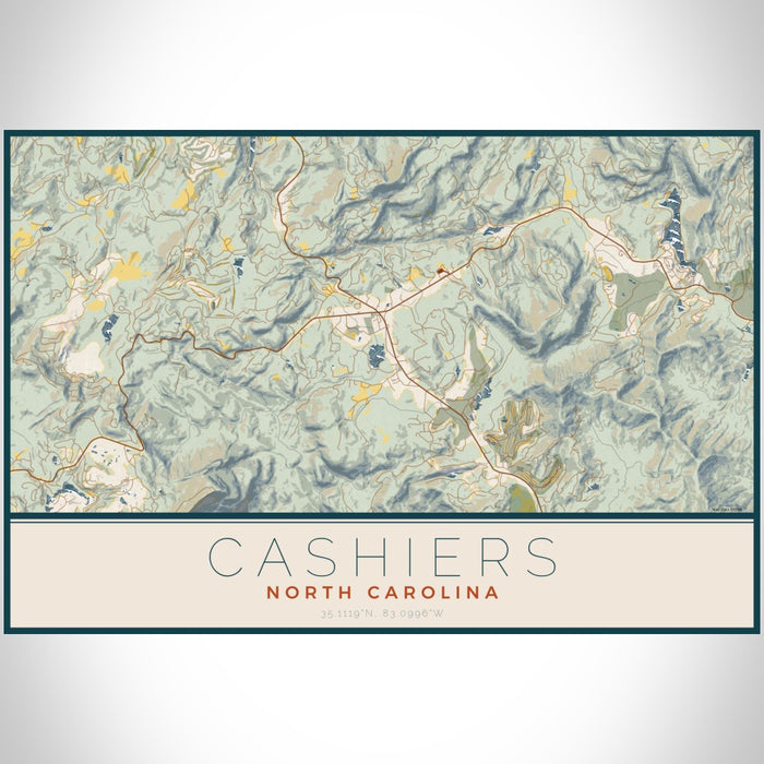 Cashiers North Carolina Map Print Landscape Orientation in Woodblock Style With Shaded Background