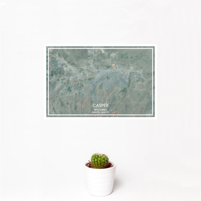 12x18 Casper Wyoming Map Print Landscape Orientation in Afternoon Style With Small Cactus Plant in White Planter