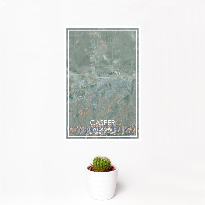 12x18 Casper Wyoming Map Print Portrait Orientation in Afternoon Style With Small Cactus Plant in White Planter