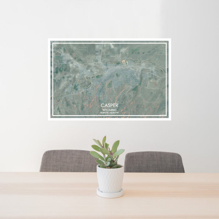 24x36 Casper Wyoming Map Print Lanscape Orientation in Afternoon Style Behind 2 Chairs Table and Potted Plant