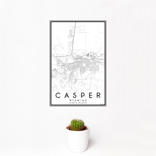 12x18 Casper Wyoming Map Print Portrait Orientation in Classic Style With Small Cactus Plant in White Planter