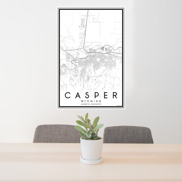24x36 Casper Wyoming Map Print Portrait Orientation in Classic Style Behind 2 Chairs Table and Potted Plant