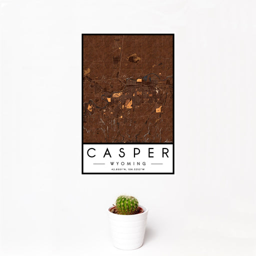 12x18 Casper Wyoming Map Print Portrait Orientation in Ember Style With Small Cactus Plant in White Planter