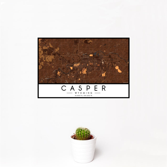 12x18 Casper Wyoming Map Print Landscape Orientation in Ember Style With Small Cactus Plant in White Planter