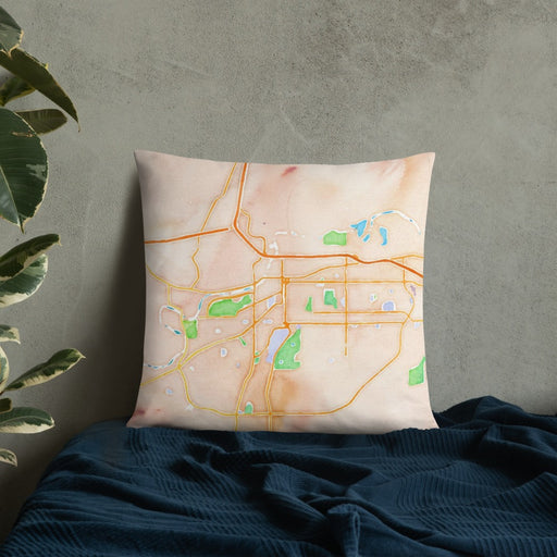 Custom Casper Wyoming Map Throw Pillow in Watercolor on Bedding Against Wall