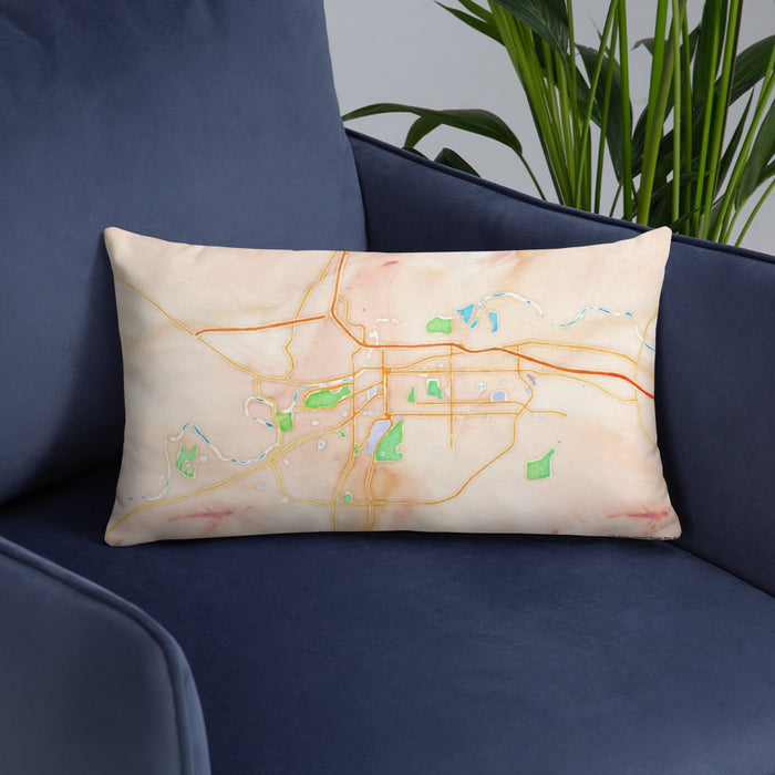 Custom Casper Wyoming Map Throw Pillow in Watercolor on Blue Colored Chair