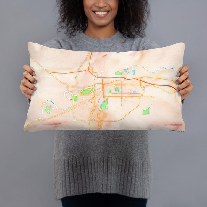 Person holding 20x12 Custom Casper Wyoming Map Throw Pillow in Watercolor