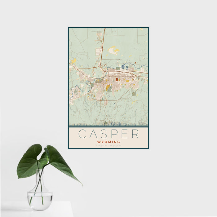 16x24 Casper Wyoming Map Print Portrait Orientation in Woodblock Style With Tropical Plant Leaves in Water