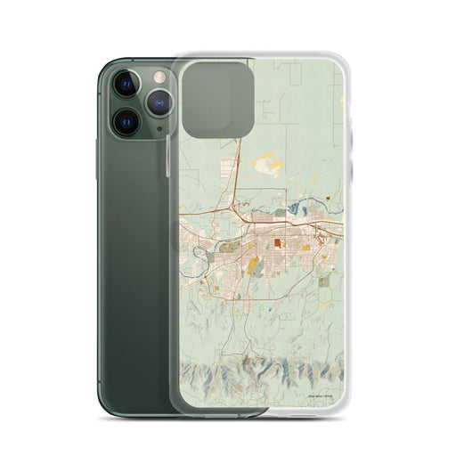 Custom Casper Wyoming Map Phone Case in Woodblock on Table with Laptop and Plant