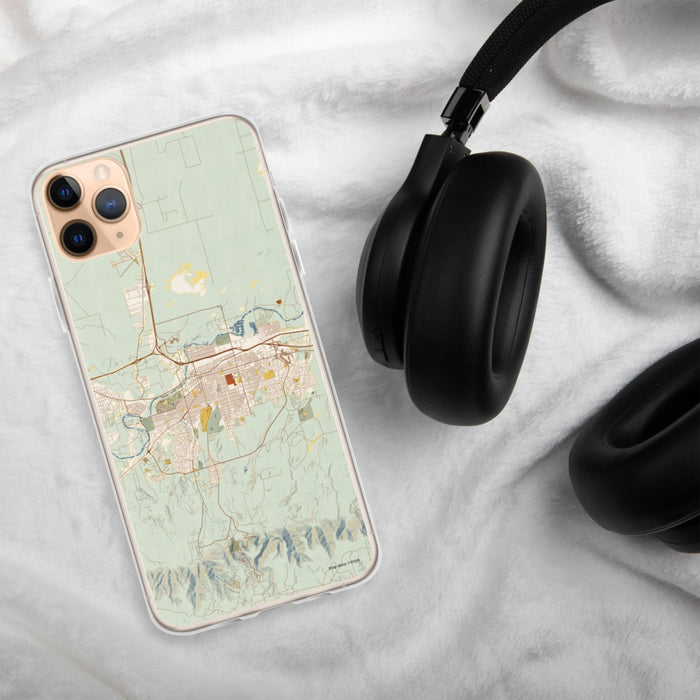 Custom Casper Wyoming Map Phone Case in Woodblock on Table with Black Headphones