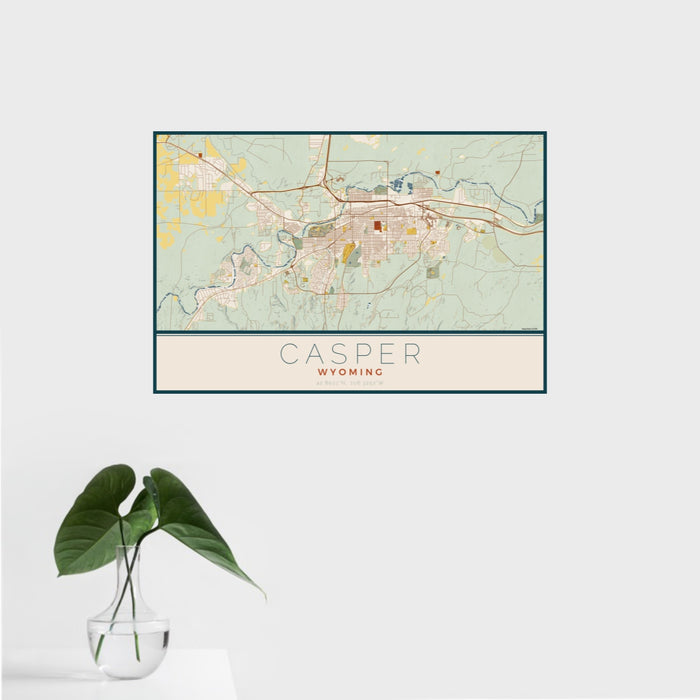 16x24 Casper Wyoming Map Print Landscape Orientation in Woodblock Style With Tropical Plant Leaves in Water