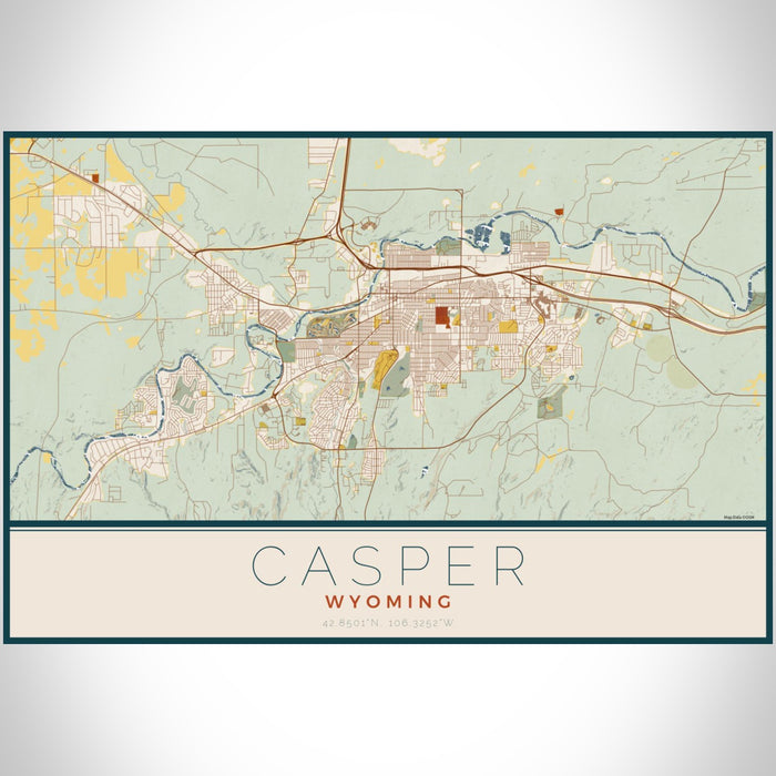 Casper Wyoming Map Print Landscape Orientation in Woodblock Style With Shaded Background