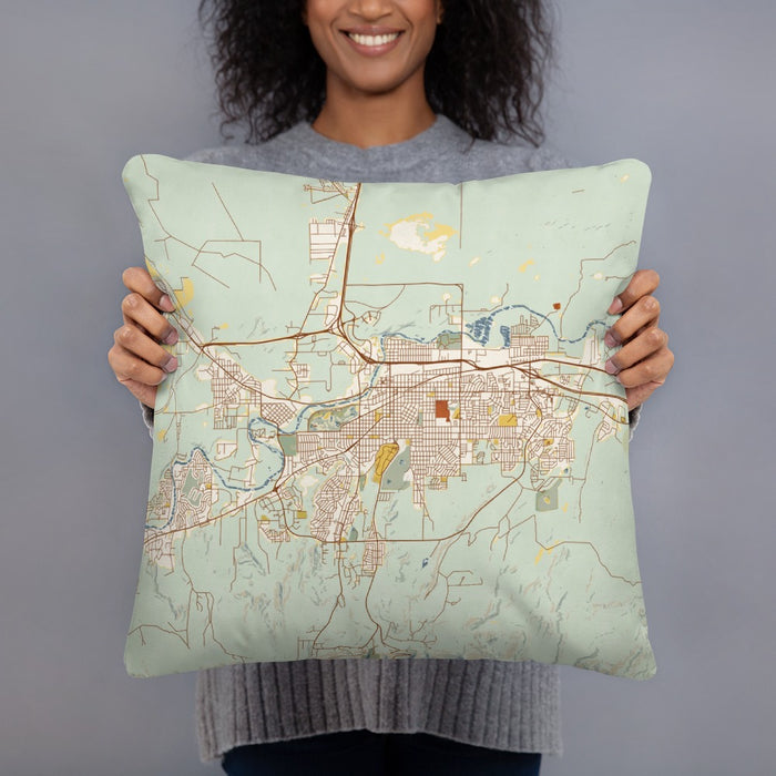 Person holding 18x18 Custom Casper Wyoming Map Throw Pillow in Woodblock