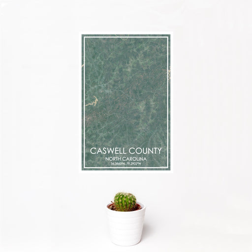 12x18 Caswell County North Carolina Map Print Portrait Orientation in Afternoon Style With Small Cactus Plant in White Planter