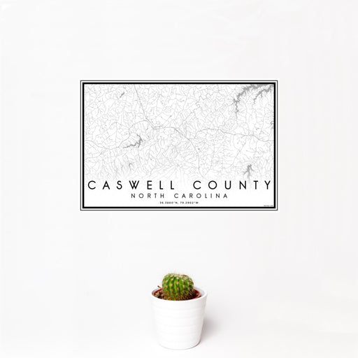 12x18 Caswell County North Carolina Map Print Landscape Orientation in Classic Style With Small Cactus Plant in White Planter