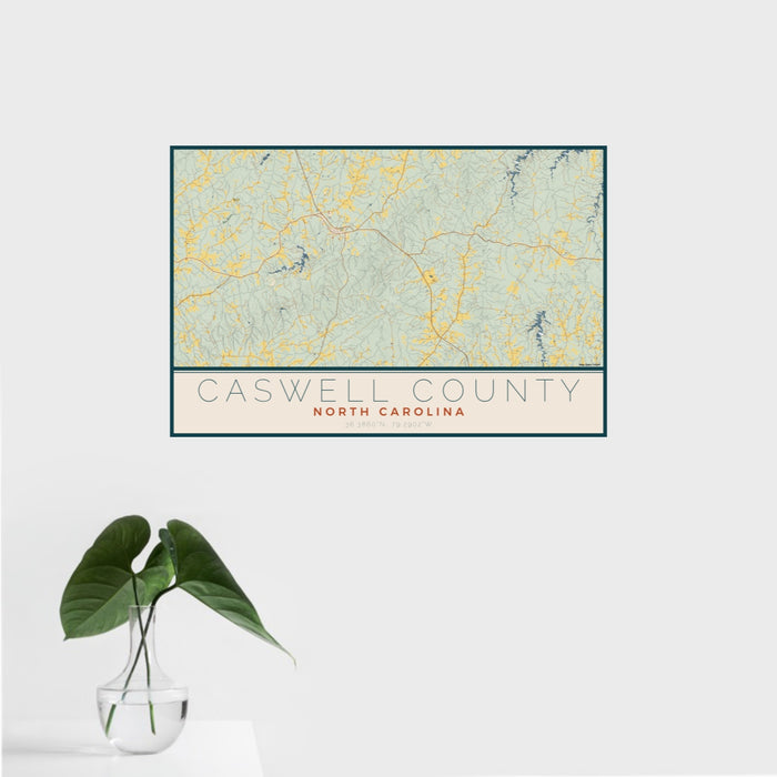 16x24 Caswell County North Carolina Map Print Landscape Orientation in Woodblock Style With Tropical Plant Leaves in Water