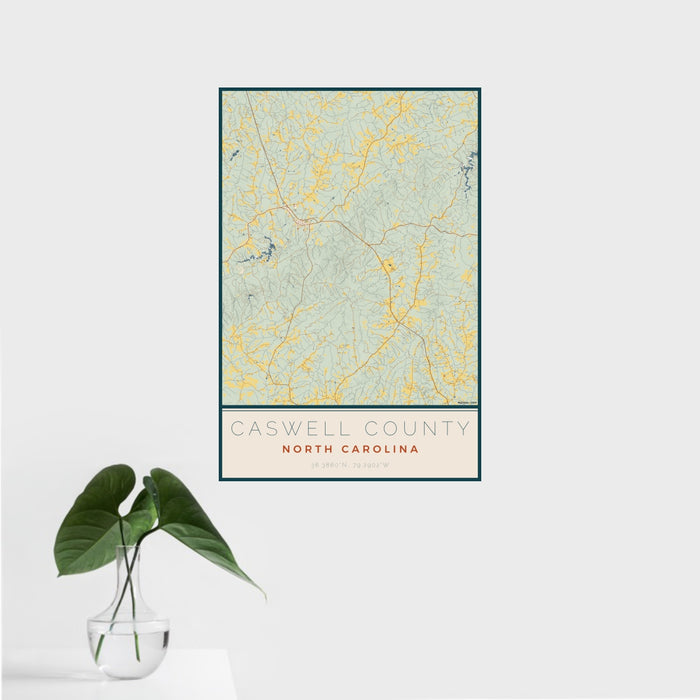 16x24 Caswell County North Carolina Map Print Portrait Orientation in Woodblock Style With Tropical Plant Leaves in Water