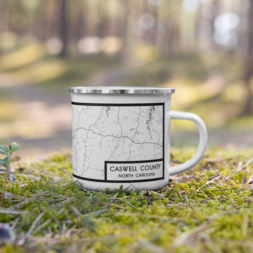 Right View Custom Caswell County North Carolina Map Enamel Mug in Classic on Grass With Trees in Background