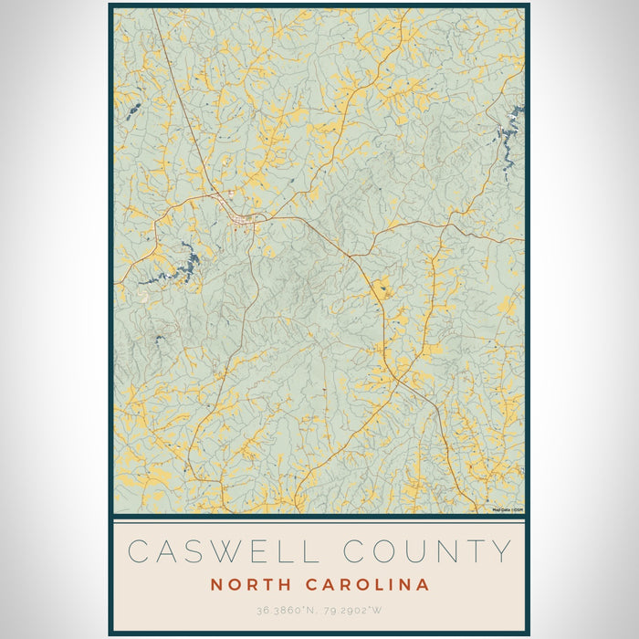 Caswell County North Carolina Map Print Portrait Orientation in Woodblock Style With Shaded Background