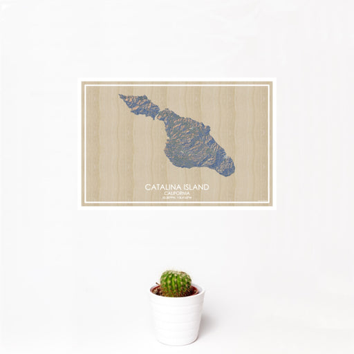 12x18 Catalina Island California Map Print Landscape Orientation in Afternoon Style With Small Cactus Plant in White Planter