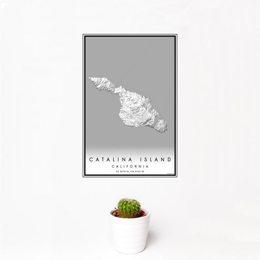 12x18 Catalina Island California Map Print Portrait Orientation in Classic Style With Small Cactus Plant in White Planter
