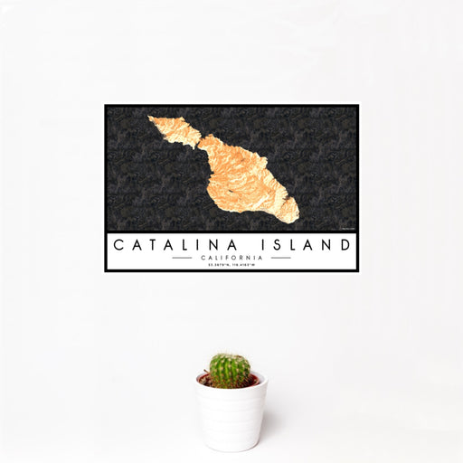 12x18 Catalina Island California Map Print Landscape Orientation in Ember Style With Small Cactus Plant in White Planter