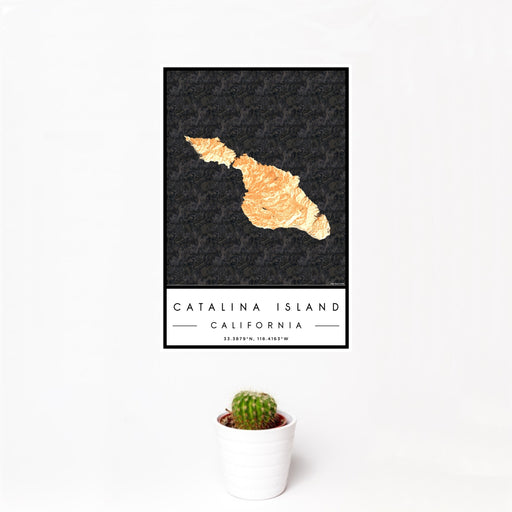 12x18 Catalina Island California Map Print Portrait Orientation in Ember Style With Small Cactus Plant in White Planter